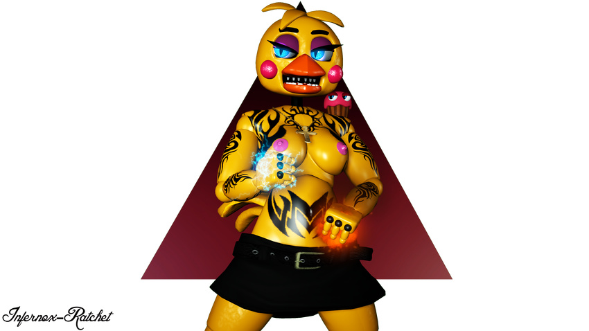 3d_(artwork) absurd_res alpha_channel angry animatronic avian beak bird breasts chicken clothed clothing cupcake_(fnaf) digital_media_(artwork) eyelashes eyeshadow five_nights_at_freddy's five_nights_at_freddy's_2 glowing glowing_eyes hi_res infernox-ratchet jewelry machine magic makeup necklace nipples non-mammal_breasts pink_nipples robot simple_background skirt slit_pupils source_filmmaker tattoo teeth topless toy_chica_(fnaf) transparent_background tribal_tattoo video_games yellow_skin