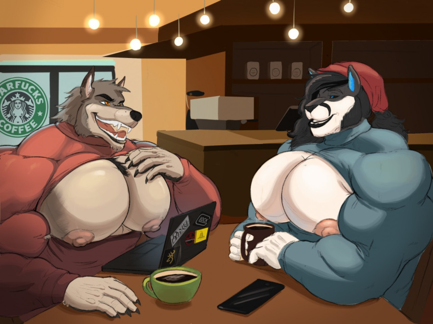 beverage canine cellphone coffee computer duo feline huge_pecs jagyouare laptop male mammal muscular nipples phone wolf