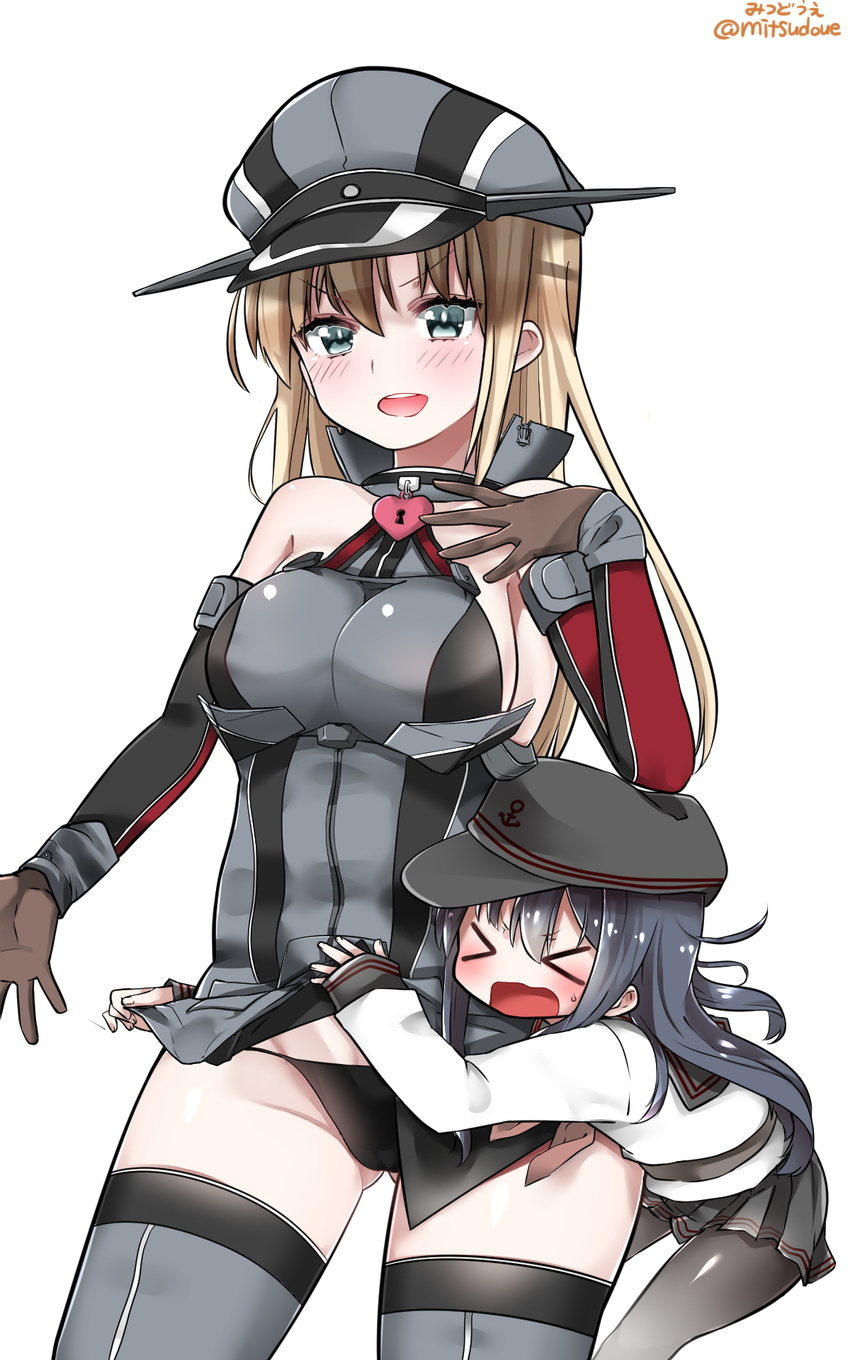&gt;_&lt; &gt;o&lt; :d akatsuki_(kantai_collection) assisted_exposure bangs bare_shoulders bismarck_(kantai_collection) black_panties blonde_hair breasts closed_eyes commentary_request d: detached_sleeves dx eyebrows_visible_through_hair gloves hat heart_lock_(kantai_collection) highres kantai_collection large_breasts long_hair military military_uniform mitsudoue multiple_girls open_mouth panties peaked_cap remodel_(kantai_collection) skirt skirt_lift smile standing thighhighs underwear uniform v-shaped_eyebrows