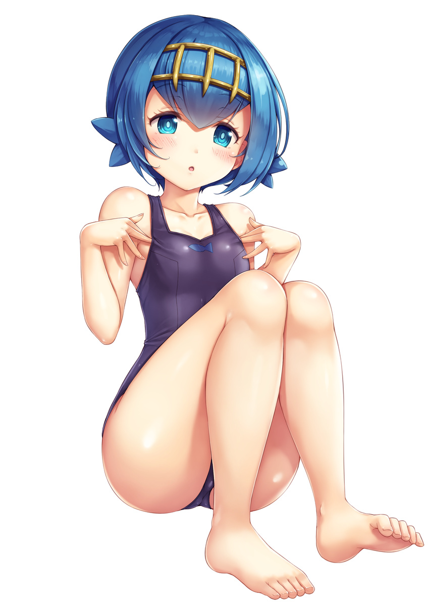 :o bare_arms bare_legs barefoot blue_eyes blue_hair blush collarbone eyebrows_visible_through_hair feet full_body hair_between_eyes hairband highres looking_at_viewer one-piece_swimsuit pokemon pokemon_(game) pokemon_sm school_swimsuit short_hair simple_background sitting snowcanvas solo suiren_(pokemon) swimsuit toes trial_captain white_background