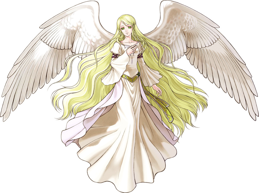 artist_request blonde_hair collarbone dress fire_emblem fire_emblem:_akatsuki_no_megami fire_emblem:_souen_no_kiseki full_body green_eyes hand_on_own_chest highres large_wings leanne long_hair official_art solo transparent_background very_long_hair white_dress wide_sleeves wings
