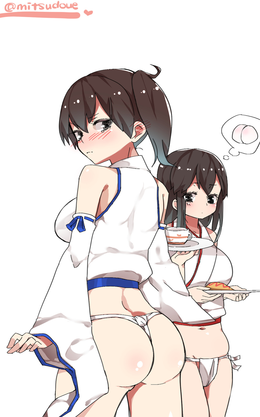 adapted_costume akagi_(kantai_collection) alternate_costume arms_at_sides ass asymmetrical_hair blush breasts brown_eyes brown_hair closed_mouth commentary_request detached_sleeves embarrassed eyebrows_visible_through_hair from_behind fundoshi hair_between_eyes highres japanese_clothes kaga_(kantai_collection) kantai_collection large_breasts long_hair looking_at_viewer looking_back mitsudoue multiple_girls no_pants nontraditional_miko ribbon-trimmed_sleeves ribbon_trim shirt short_hair side_ponytail sleeveless sleeveless_shirt standing