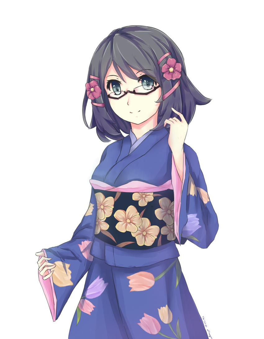 1girl black_hair blue_hair breasts flower glasses hair_ornament japanese_clothes kimono luck_&amp;_logic short_hair smile yurine_tamaki