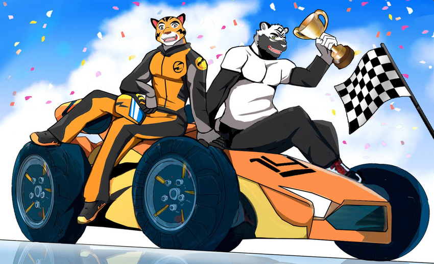 2017 anthro armor award bear bearlovestiger13 black_fur canine car celebration clothing duo feline flag fur glue_studios helmet jacket leather leather_jacket male mammal open_mouth orange_fur racer racer_jacket rimba_racer smile tag_(rimba_racer) tiger tires trophy vehicle wheels white_fur wolf