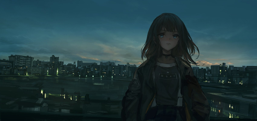 choker city_lights cityscape closed_mouth highres lm7_(op-center) looking_at_viewer night original outdoors short_hair solo