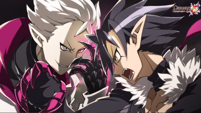 angry artist_request black_choker black_gloves black_hair choker close-up copyright_name disgaea fang fur_trim gloves grin highres jacket killia_(disgaea) looking_at_another makai_senki_disgaea_5 male_focus multiple_boys official_art open_mouth pale_skin pointy_ears smile spiked_hair upper_body void_dark_(disgaea) white_hair yellow_eyes