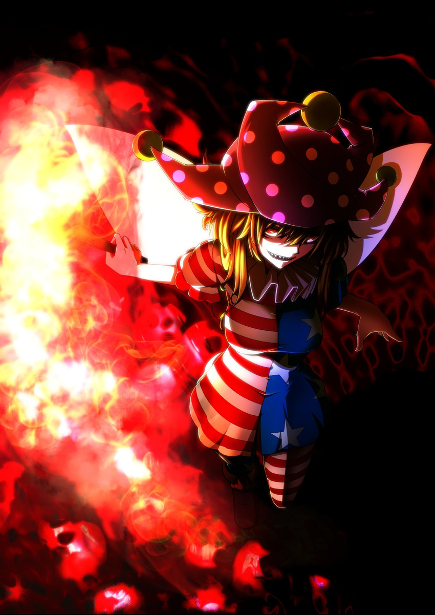 alternate_breast_size alternate_hair_length alternate_hairstyle american_flag_dress american_flag_legwear black_background blonde_hair boots breasts clownpiece dark dress evil_smile fairy_wings fire flame foreshortening from_above hat highres jester_cap kikoka_(mizuumi) large_breasts looking_at_viewer looking_up messy_hair neck_ruff older open_mouth pantyhose pile_of_skulls polka_dot red_eyes shaded_face sharp_teeth short_hair short_sleeves skull smile solo striped striped_dress striped_legwear teeth torch touhou walking wings
