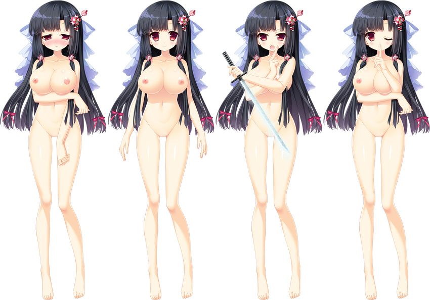 :o absurdres barefoot black_hair blush breasts finger_to_mouth flower full_body hair_flower hair_ornament hand_gesture highres holding holding_sword holding_weapon index_finger_raised large_breasts long_hair looking_at_viewer midare_setsugetsuka moriyama_shijimi multiple_views navel nayotake_mitsuki nipples no_pussy non-web_source nose_blush one_eye_closed open_mouth red_eyes sidelocks smile sword transparent_background weapon