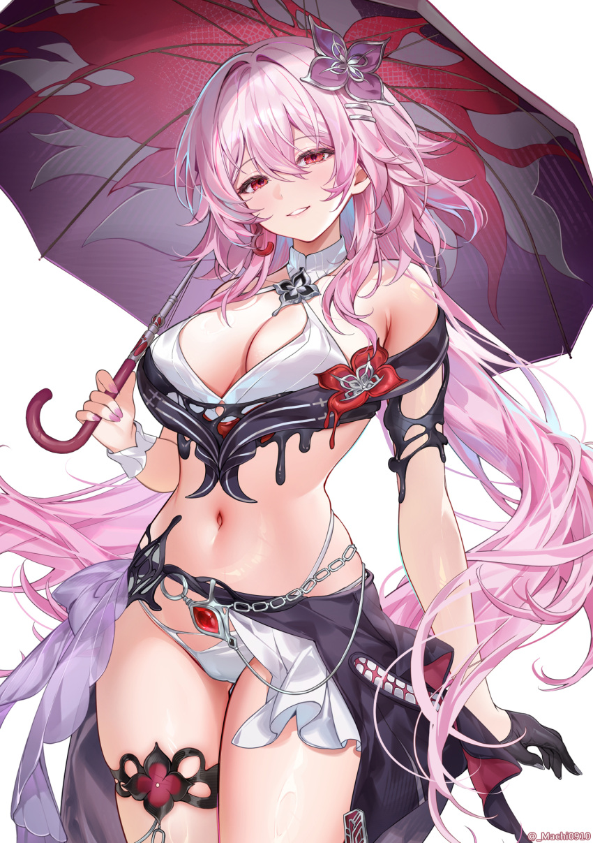 1girl adapted_costume armpit_crease bare_shoulders bikini black_gloves black_sarong breasts chain cleavage commentary cowboy_shot earrings evernight_(honkai:_star_rail) fingernails flower gloves hair_between_eyes hair_flower hair_ornament hairclip highres holding holding_umbrella honkai:_star_rail honkai_(series) jewelry large_breasts long_hair looking_at_viewer machi_(machi0910) march_7th_(honkai:_star_rail) nail_polish navel parallel_hairclips parted_lips pink_hair pink_nails purple_flower red_eyes sarong simple_background single_earring single_glove smile solo stomach swimsuit thighlet thighs twitter_username umbrella very_long_hair white_background white_bikini