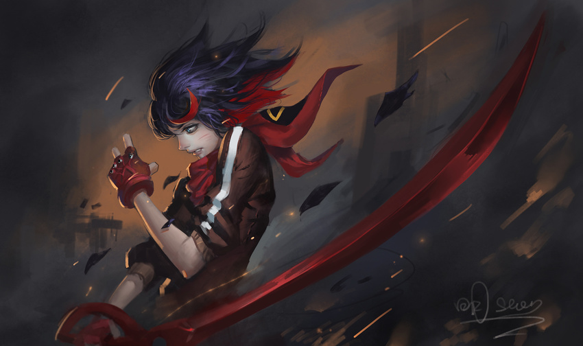 black_hair blood blue_eyes clenched_teeth embers eyelashes fingerless_gloves from_side gloves hand_up highres holding holding_sword holding_weapon injury jacket kill_la_kill matoi_ryuuko multicolored_hair nose open_mouth profile purple_hair red_gloves red_hair riyueseven scarf scissor_blade senketsu senketsu_(scarf) shards short_hair single_glove sleeves_pushed_up solo streaked_hair sword teeth track_jacket two-tone_hair upper_body weapon