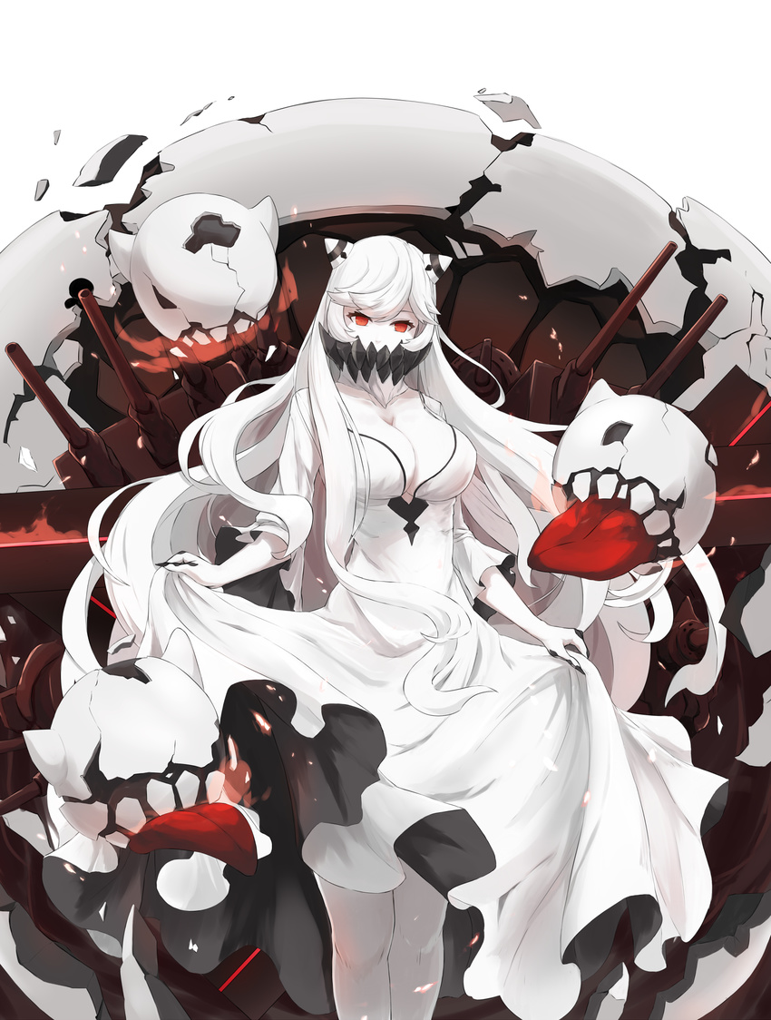 breasts claws cleavage collar commentary_request dress highres horns kantai_collection kou_v05first large_breasts long_hair midway_hime red_eyes shinkaisei-kan skirt_hold teeth tongue tongue_out white_hair white_skin