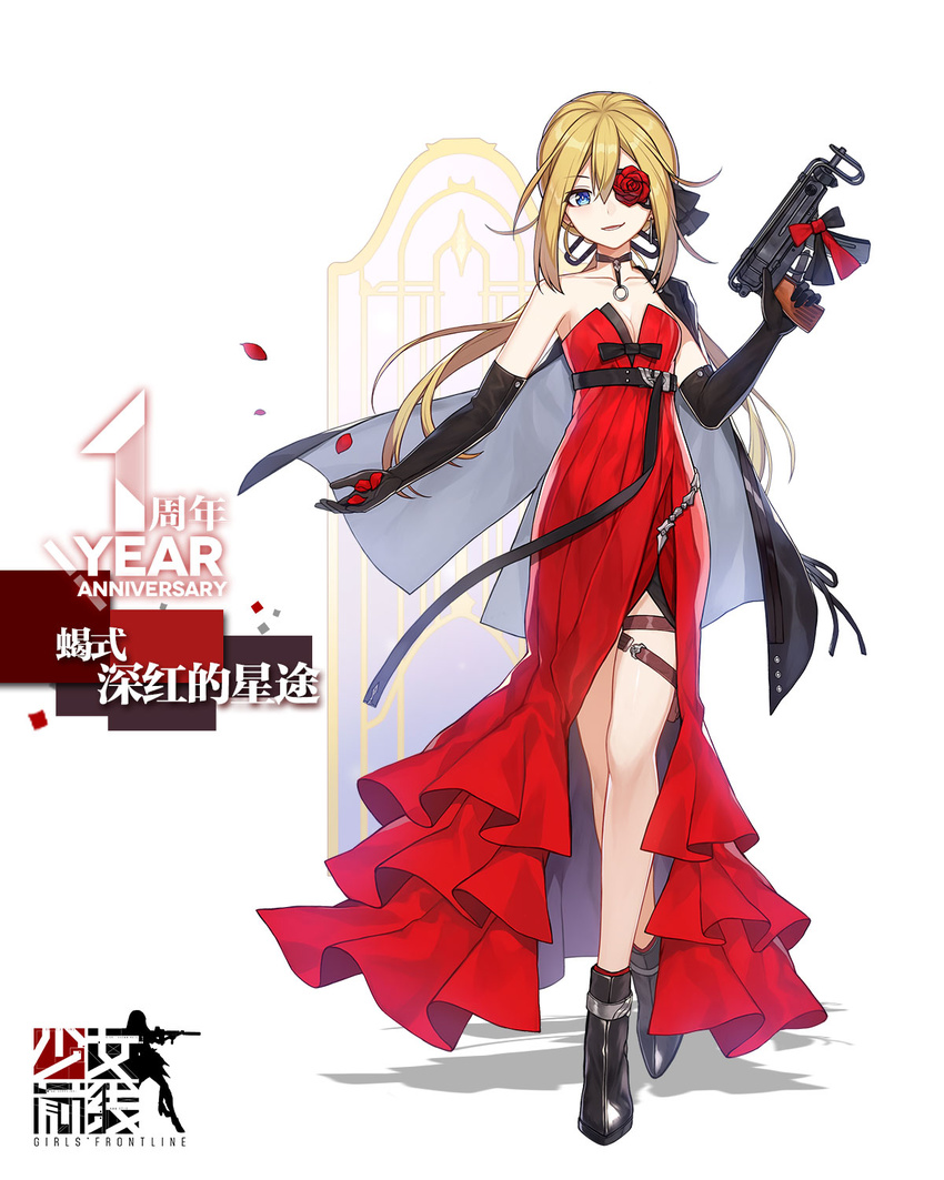 ankle_boots artist_request black_footwear black_gloves blonde_hair blue_eyes boots bow breasts choker cleavage dress elbow_gloves eyepatch flower_eyepatch girls_frontline gloves gun hair_between_eyes highres jacket_on_shoulders long_hair looking_at_viewer low_ponytail official_art petals red_dress rose_petals small_breasts smile solo strapless strapless_dress submachine_gun thigh_strap trigger_discipline vz.61_(girls_frontline) weapon