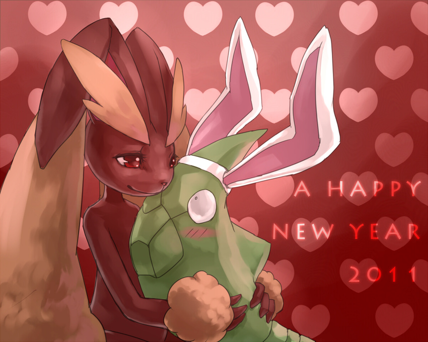 &lt;3 2011 ambiguous_gender anthro aogatsu blush brown_fur duo english_text fake_ears fake_rabbit_ears feral fur green_body lopunny metapod nintendo pok&eacute;mon red_eyes sitting text video_games