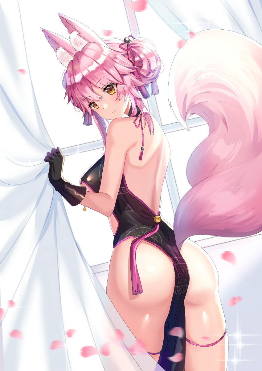 1girl absurdres animal_ear_fluff animal_ears ass backless_dress backless_outfit bangs bare_shoulders black_dress black_gloves blush breasts brown_eyes closed_mouth commentary_request curtain_grab curtains dress dutch_angle eyebrows_visible_through_hair fate/grand_order fate_(series) fox_ears fox_girl fox_tail gejigejier gloves hair_between_eyes hair_ornament hand_up head_tilt highres koyanskaya large_breasts long_hair looking_at_viewer looking_back motion_blur pelvic_curtain petals pink_hair sleeveless sleeveless_dress smile solo standing sunlight tail tamamo_(assassin)_(fate) tamamo_(fate)_(all) window