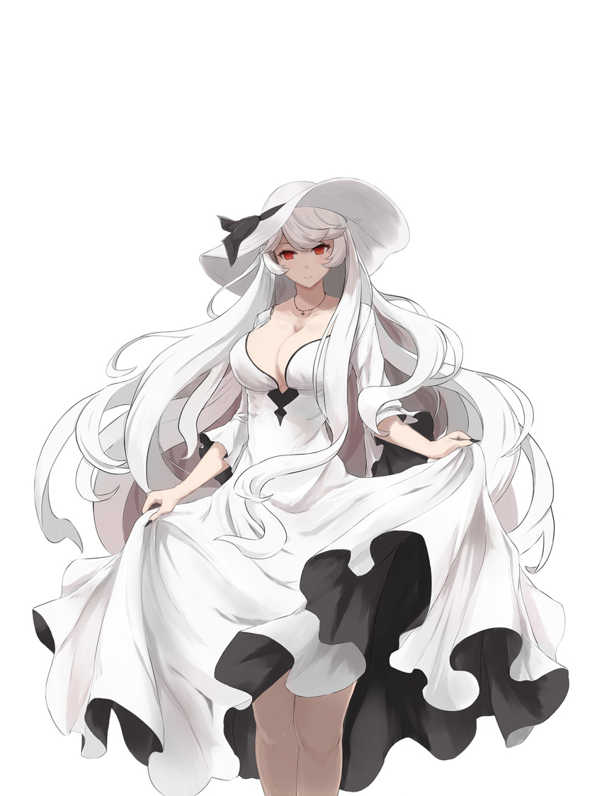 alternate_costume alternate_skin_color anchor_necklace breasts cleavage dress hat highres jewelry kantai_collection kou_v05first large_breasts long_hair looking_at_viewer midway_hime necklace red_eyes shinkaisei-kan skirt_hold smile solo white_hair