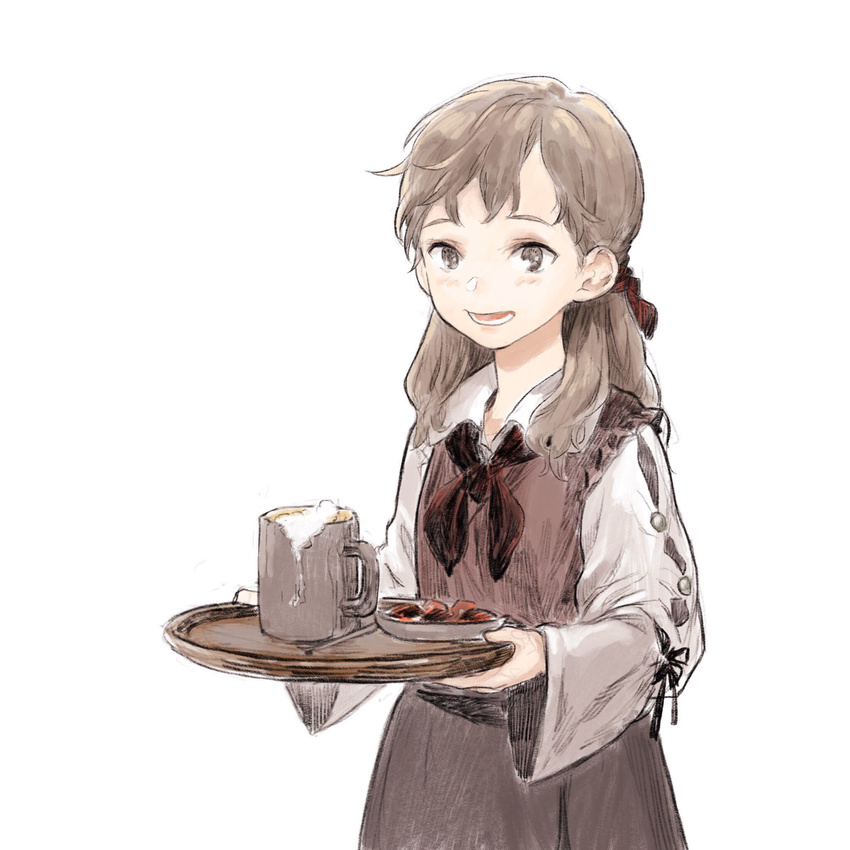 alcohol apron beer black_ribbon blush brown_eyes brown_hair collared_shirt commentary_request grey_apron hair_ribbon highres holding holding_tray jun_(seojh1029) long_hair long_sleeves looking_at_viewer neck_ribbon open_mouth original red_ribbon ribbon shirt simple_background solo tray white_background