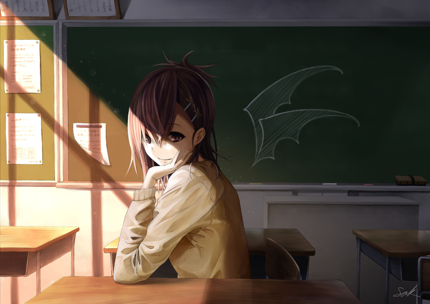 bat_wings cardigan chair chalk chalkboard classroom classroom_eraser demon_wings desk drawn_wings gabriel_dropout hair_ornament hand_on_own_cheek hand_on_own_face looking_at_viewer purple_eyes purple_hair sak_(user_yarg) school_uniform short_hair signature sitting smile solo topknot tsukinose_vignette_april upper_body window_shade wings x_hair_ornament
