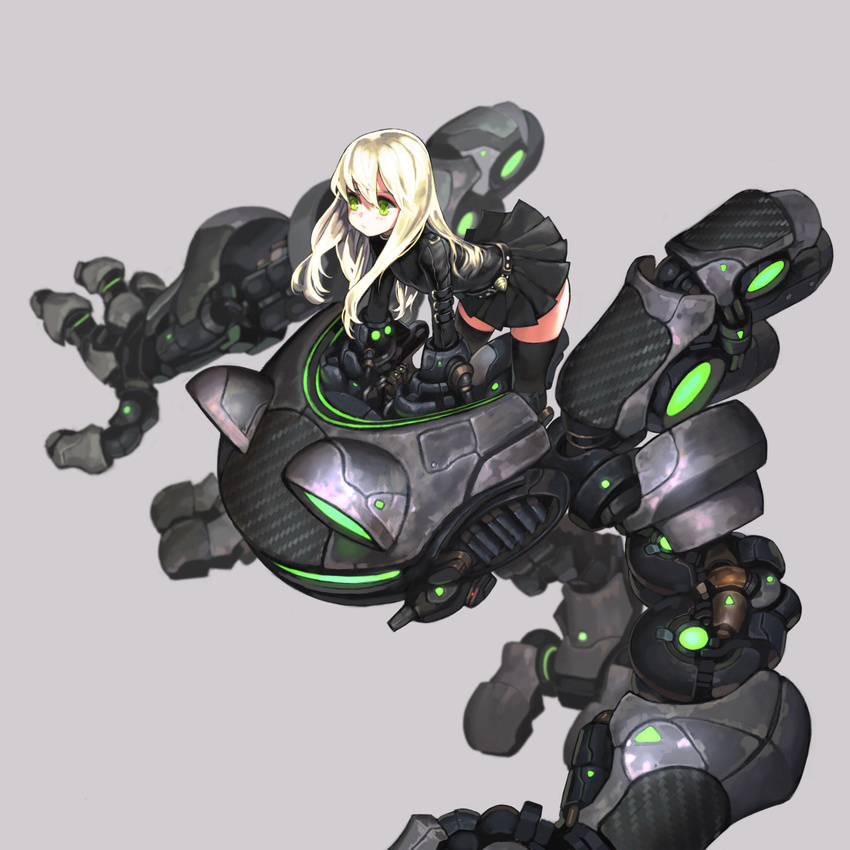 armor bangs belt bent_over black_legwear black_shirt black_skirt blonde_hair breasts closed_mouth commentary_request detached_sleeves expressionless full_body grey_background highres jun_(seojh1029) leaning_forward long_hair long_sleeves looking_afar looking_away mecha miniskirt pleated_skirt shaded_face shiny shiny_hair shirt simple_background skirt small_breasts tareme thighhighs zettai_ryouiki