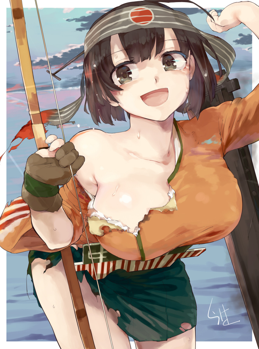 :d bow_(weapon) breasts brown_eyes brown_gloves brown_hair gloves headband highres hiryuu_(kantai_collection) japanese_clothes kantai_collection kariinu kimono large_breasts open_mouth remodel_(kantai_collection) smile solo sweat torn_clothes weapon