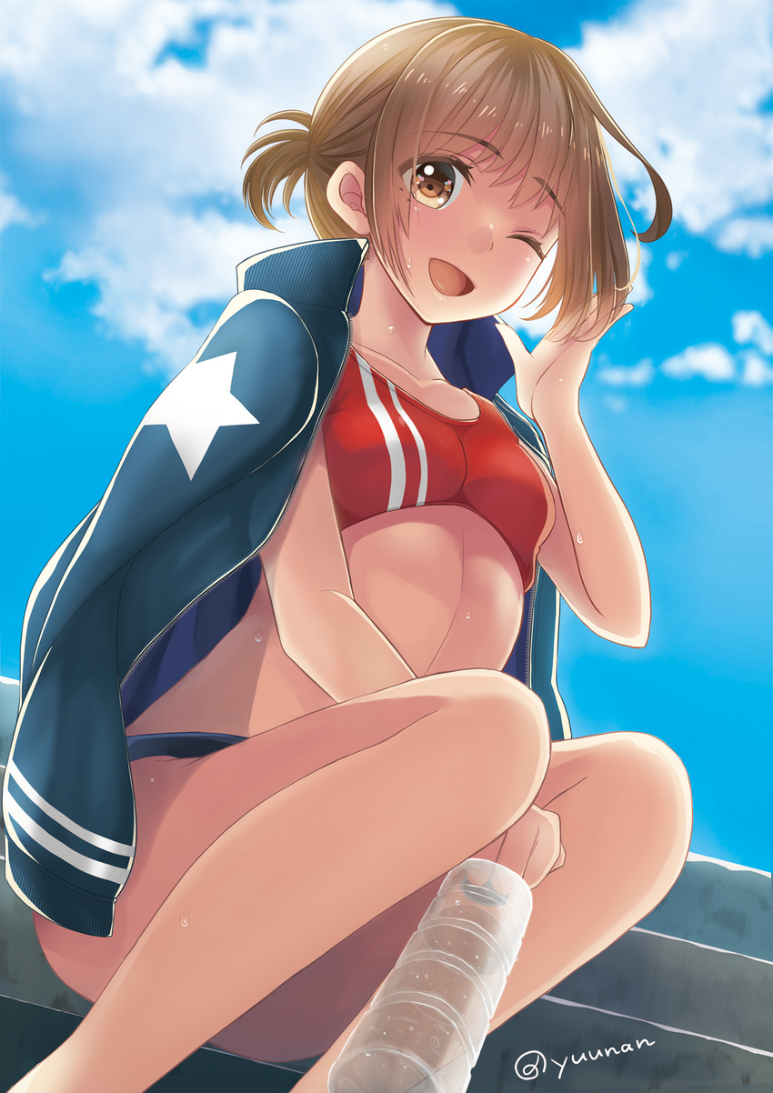 bad_id bad_pixiv_id bottle brown_eyes brown_hair highres jacket looking_at_viewer one_eye_closed open_clothes open_jacket open_mouth original sakurai_unan short_hair sitting solo sports_bikini sweat track_and_field