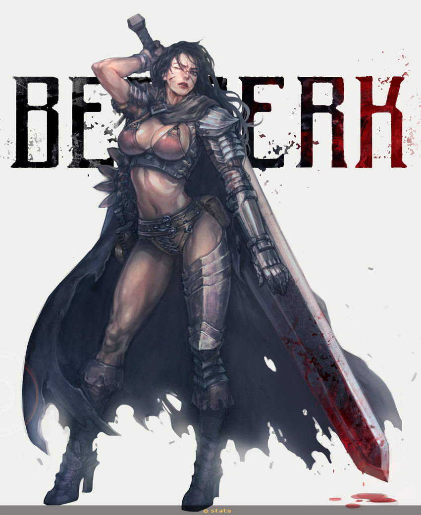 arm_behind_back arm_up armor armored_boots asymmetrical_gloves asymmetrical_legwear belt belt_pouch berserk bikini_armor bikini_top blood blood_drip bloody_weapon boots breasts cape cleavage contrapposto copyright_name dragonslayer_(sword) full_body gauntlets genderswap genderswap_(mtf) gloves greatsword guts high_heels highres holding holding_sword holding_weapon huge_weapon knee_pads large_breasts legs_apart one_eye_closed over_shoulder pauldrons pouch red_bikini_top scar solo standing star statoon sword sword_over_shoulder toned torn_cape weapon weapon_over_shoulder