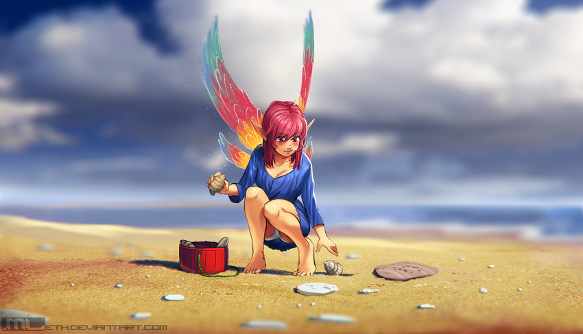 bare_legs barefoot beach blue_dress blurry bottle_cap breasts cloud cloudy_sky commentary day depth_of_field dress english_commentary erylia_(mathias_leth) fairy fairy_wings full_body highres mathias_leth minigirl ocean original outdoors panties pantyshot pantyshot_(squatting) pink_hair pointy_ears red_eyes seashell shell sky small_breasts solo squatting toes underwear watermark web_address white_panties wings