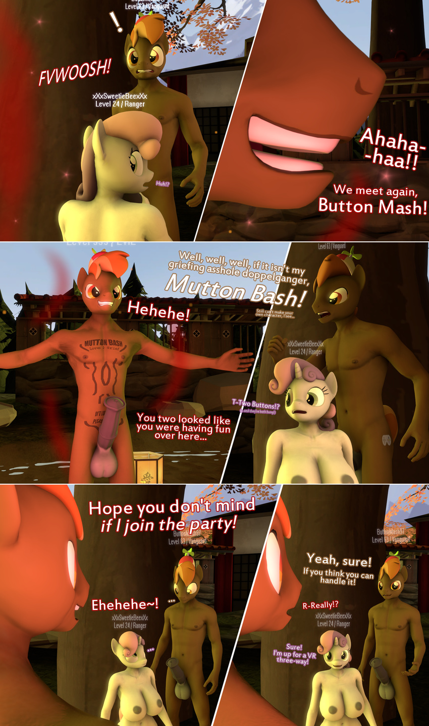 3d_(artwork) anthro anthrofied balls big_breasts big_penis breasts button_mash_(mlp) caught comic cutie_mark dialogue digital_media_(artwork) equine female friendship_is_magic male mammal moorsheadfalling my_little_pony penis source_filmmaker surprise sweetie_belle_(mlp) text