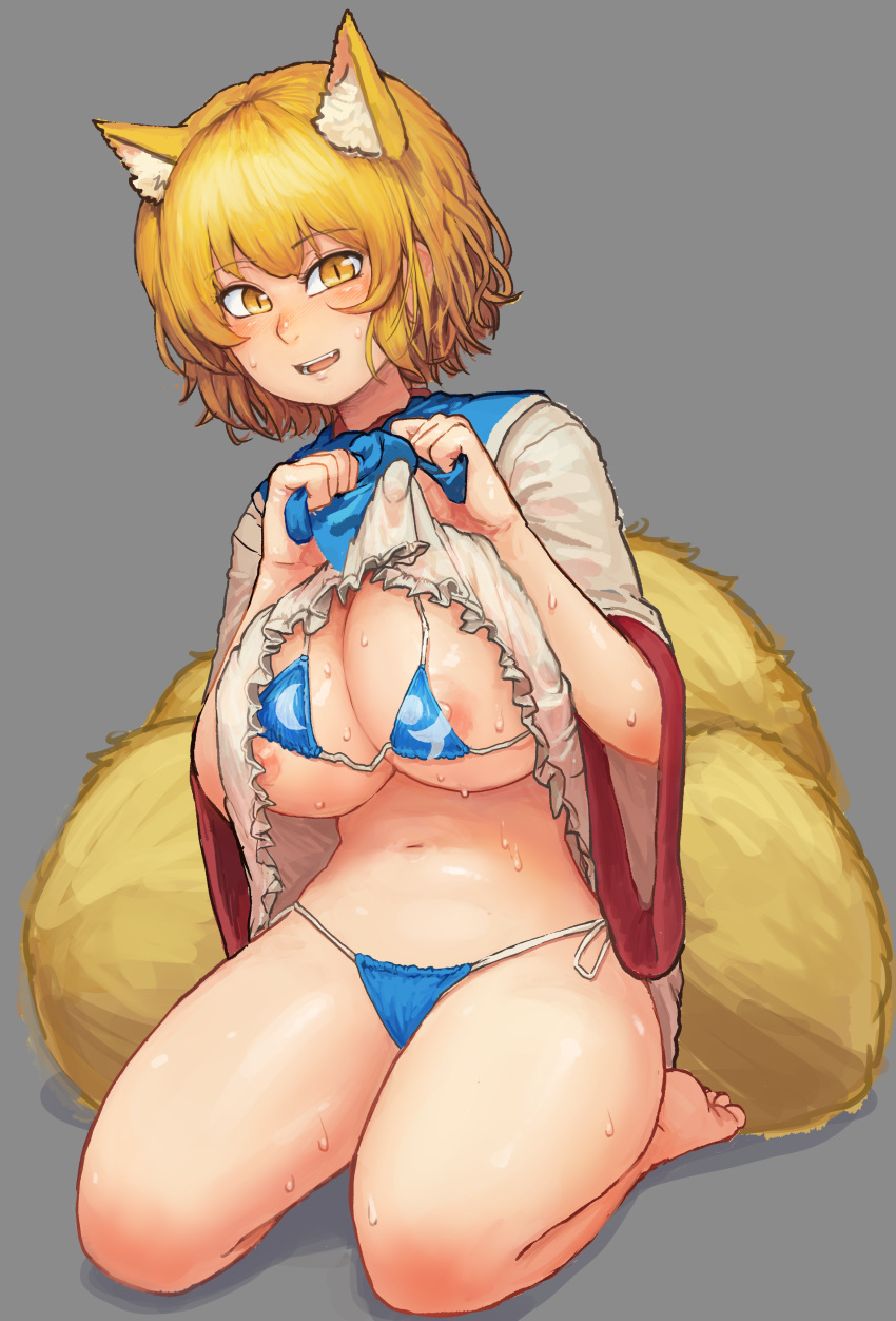 animal_ears animal_humanoid bangs bare_legs barefoot big_breasts bikini bikini_under_clothes blonde_hair blush breasts canine chanta chanta_(ayatakaoisii) clothed clothing clothing_lift extra_ears eyebrows_visible_through_hair fang female fox_ears fox_humanoid fox_tail frills full_body grey_background hair hands_up highres humanoid inner_ear_fluff large_breasts lifted_by_self looking_at_viewer mammal micro_bikini multi_tail multiple_tails navel nipples no_hat no_headwear open_mouth orange_eyes ran_yakumo seiza shirt shirt_lift short_hair side-tie_bikini side-tie_bottom sidelocks simple_background sitting slit_pupils smile solo stomach sweat swimsuit tail teeth toes touhou undressing wide_sleeves yakumo_ran yellow_eyes