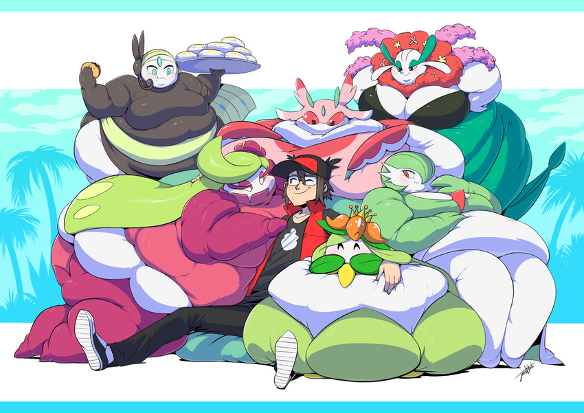 2017 anthro anthrofied belly big_belly big_breasts blue_eyes blush breasts clothing cuddling eating eyes_closed eyewear featureless_breasts female flora_fauna florges food footwear gardevoir glasses group hand_on_hip hand_on_stomach hat human humanoid jeetdoh larger_female legendary_pok&eacute;mon lilligant lurantis male mammal meloetta morbidly_obese mouthless nintendo obese one_eye_closed overweight overweight_female plant plate pok&eacute;mon pok&eacute;morph pseudo_clothing red_eyes shoes sitting size_difference smaller_human smile tsareena video_games wink