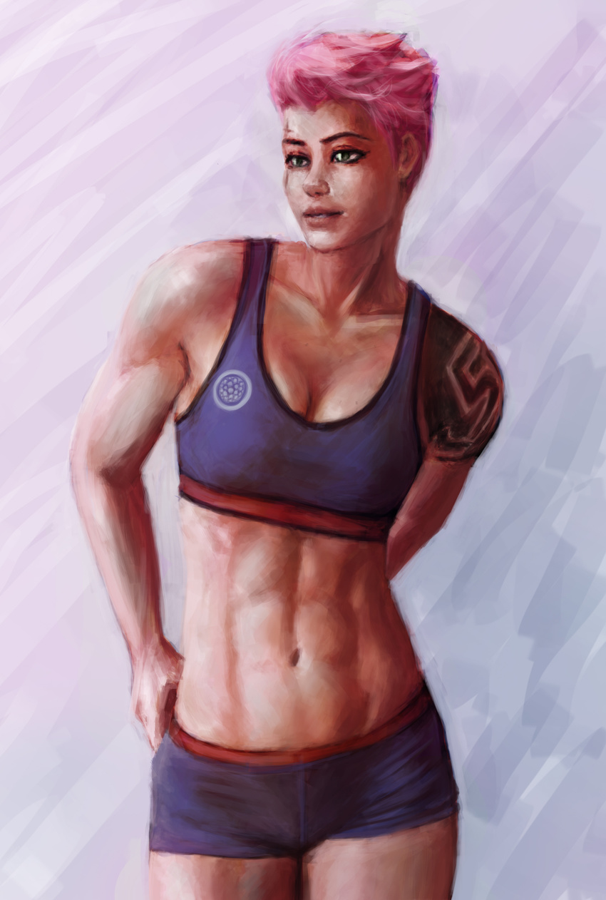 abs absurdres bike_shorts breasts casual cowboy_shot green_eyes hellishburn highres light_smile lips looking_at_viewer looking_away medium_breasts navel nose overwatch parted_lips pink_hair realistic scar short_hair solo sports_bra tattoo toned zarya_(overwatch)