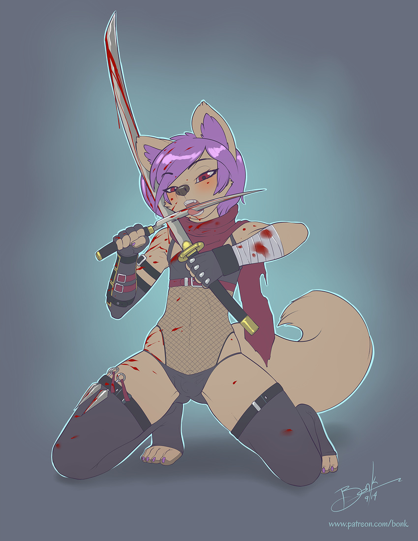 anthro armor bandage black_nose blood blush bonk brown_fur buckles bulge canine clothed clothing fenix fenix-fox fishnet fox fur girly gloves gradient_background hair hi_res katana kneeling knife kunai legwear licking male mammal melee_weapon pawpads paws purple_hair red_eyes rubber scarf simple_background skimpy socks solo sword toeless_socks tongue tongue_out translucent weapon