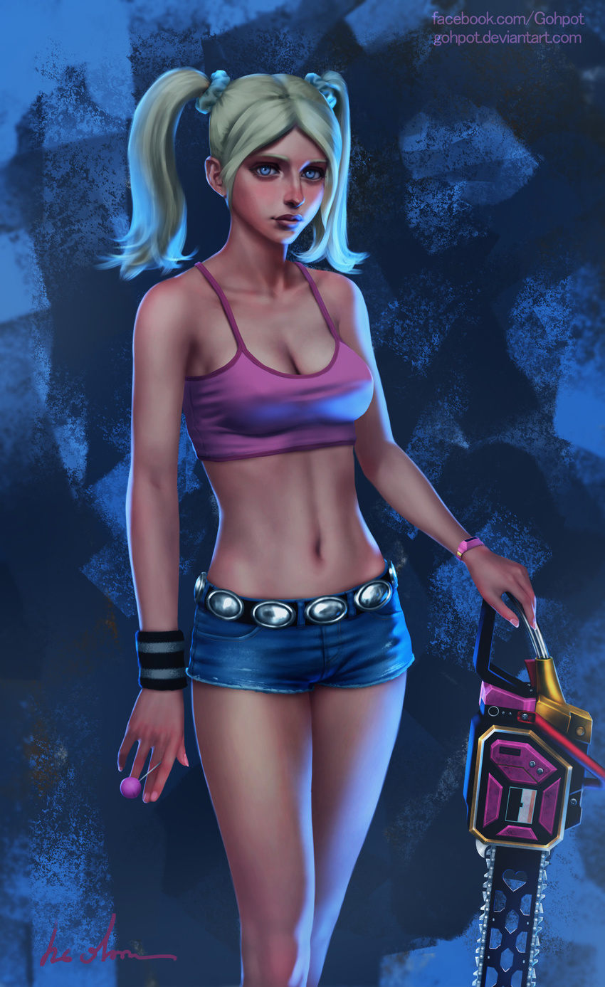 arm_at_side bare_shoulders belt blonde_hair blue_eyes blue_shorts breasts candy chainsaw cleavage closed_mouth collarbone cowboy_shot crop_top denim denim_shorts deviantart_username facebook_username food gohpot hair_ornament hair_scrunchie highres juliet_starling legs_together lips lollipop lollipop_chainsaw medium_breasts midriff nail_polish navel nose pink_nails realistic scrunchie shirt short_shorts shorts solo spaghetti_strap standing stomach tank_top taut_clothes taut_shirt twintails watch watermark web_address wristband wristwatch