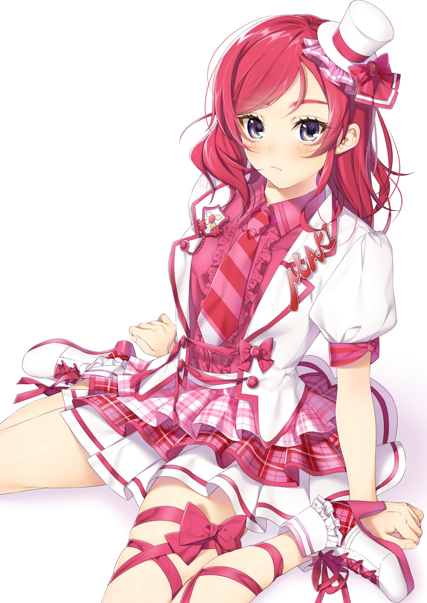 badge blush bow brooch center_frills character_name clenched_hands frills hat hat_bow highres jewelry layered_skirt leg_ribbon light_frown love_live! love_live!_school_idol_project mini_hat mini_top_hat necktie nishikino_maki plaid plaid_skirt purple_eyes red_hair red_ribbon ribbon shoelaces shoes short_sleeves sitting skirt solo striped striped_neckwear top_hat white_background yana_mori