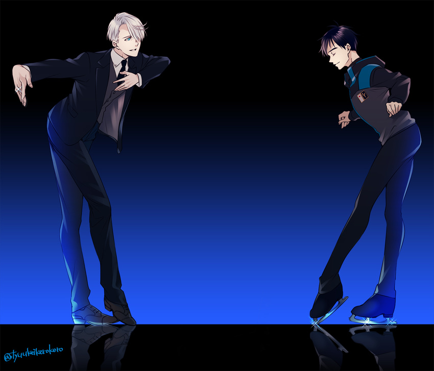 black_hair blue_eyes bowing closed_eyes formal hair_over_one_eye hand_on_own_chest highres ice_skates jacket katsuki_yuuri male_focus multiple_boys mushi_kei necktie open_mouth silver_hair skates smile sparkle suit track_jacket twitter_username viktor_nikiforov yuri!!!_on_ice