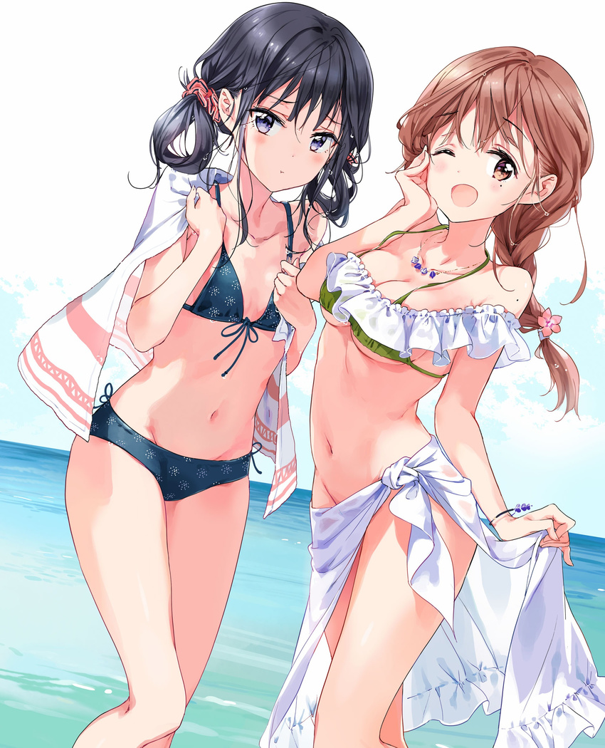 :t ;d adagaki_aki bangs bikini black_hair blue_bikini blue_sky bracelet braid breasts brown_eyes brown_hair cleavage cloud cloudy_sky cowboy_shot day eyebrows_visible_through_hair front-tie_bikini front-tie_top fujinomiya_neko green_bikini groin hair_between_eyes hair_ornament hair_rings hair_scrunchie hand_on_own_cheek hand_on_own_face hand_up highres jewelry legs_together long_hair long_legs looking_at_viewer masamune-kun_no_revenge medium_breasts midriff mole mole_on_arm mole_under_eye multiple_girls navel necklace ocean one_eye_closed open_mouth outdoors pout print_bikini purple_eyes sarong scrunchie short_hair single_braid sky small_breasts smile swimsuit tied_hair tiv towel towel_around_neck underboob water wet wet_hair