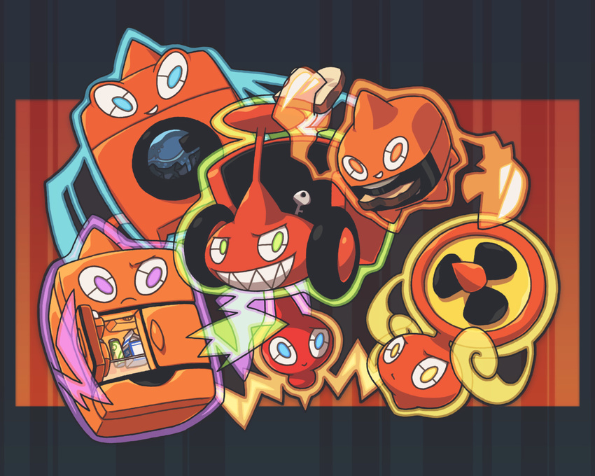 beverage_can blue_eyes bread determined floating food fridge group holding_object key lawn_mower looking_at_viewer milk nintendo orange_body orange_eyes pok&eacute;mon purple_eyes rotary_fan rotom sharp_teeth shiny_pok&eacute;mon smile teeth toast toaster video_games wallpaper washing_machine yellow_eyes zaikudo