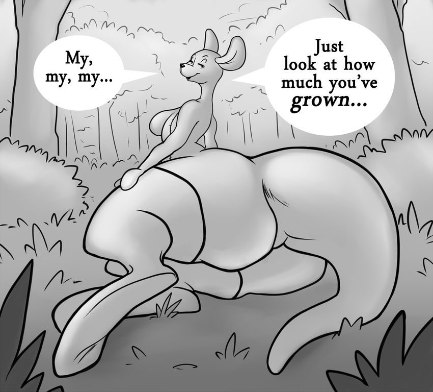 anthro big_butt breasts butt dialogue disney english_text female greyscale huge_butt kanga kangaroo living_plush looking_at_viewer looking_back mammal marsupial mature_female monochrome plushie smile solo speech_bubble talking_to_viewer text thick_thighs unknown_artist wide_hips winnie_the_pooh_(franchise)