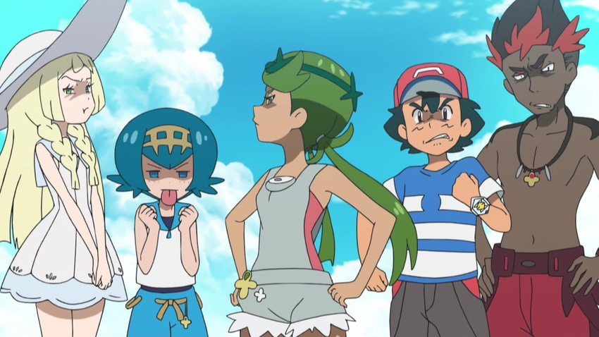 angry kaki_(pokemon) lillie_(pokemon) mao_(pokemon) pokemon pokemon_(anime) pokemon_sm pokemon_sm_(anime) satoshi_(pokemon) screenshot shirtless suiren_(pokemon)