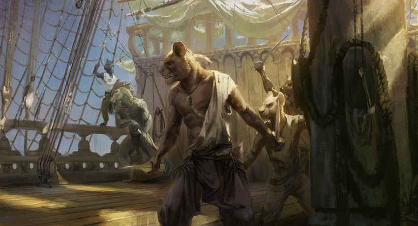 absurd_res adventure angry anthro catfolk clothed clothing digital_media_(artwork) digital_painting_(artwork) dungeons_&amp;_dragons fantasy fekkri_talot feline fight fully_clothed group hi_res lizardfolk male mammal nomax open_shirt outside piercing pirate realistic sailing ship skimpy tabaxi vehicle warrior weapon