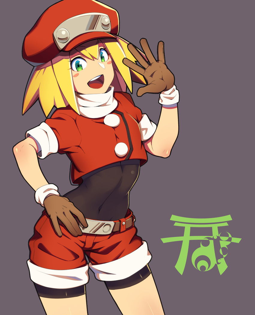 absurdres bangs belt blonde_hair blush_stickers bodystocking breasts brown_belt brown_gloves cabbie_hat commentary_request covered_navel cowboy_shot crop_top gloves green_eyes grey_background hand_on_hip hand_up hat highres long_hair looking_at_viewer open_mouth red_hat red_shirt red_shorts rockman rockman_dash roll_caskett shirt short_sleeves shorts simple_background small_breasts smile solo standing teeth yuuten