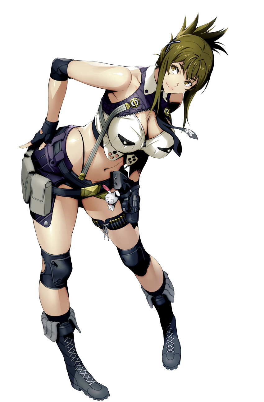 absurdres black_gloves boots breasts cleavage fingerless_gloves full_body gloves green_eyes green_hair gun hand_on_hip handgun highres holster keychain kisaragi_chitose knee_pads large_breasts leaning_forward long_hair midriff official_art pigeon-toed pistol simple_background sleeveless smile solo standing super_robot_wars super_robot_wars_v thigh_strap watanabe_wataru weapon white_background
