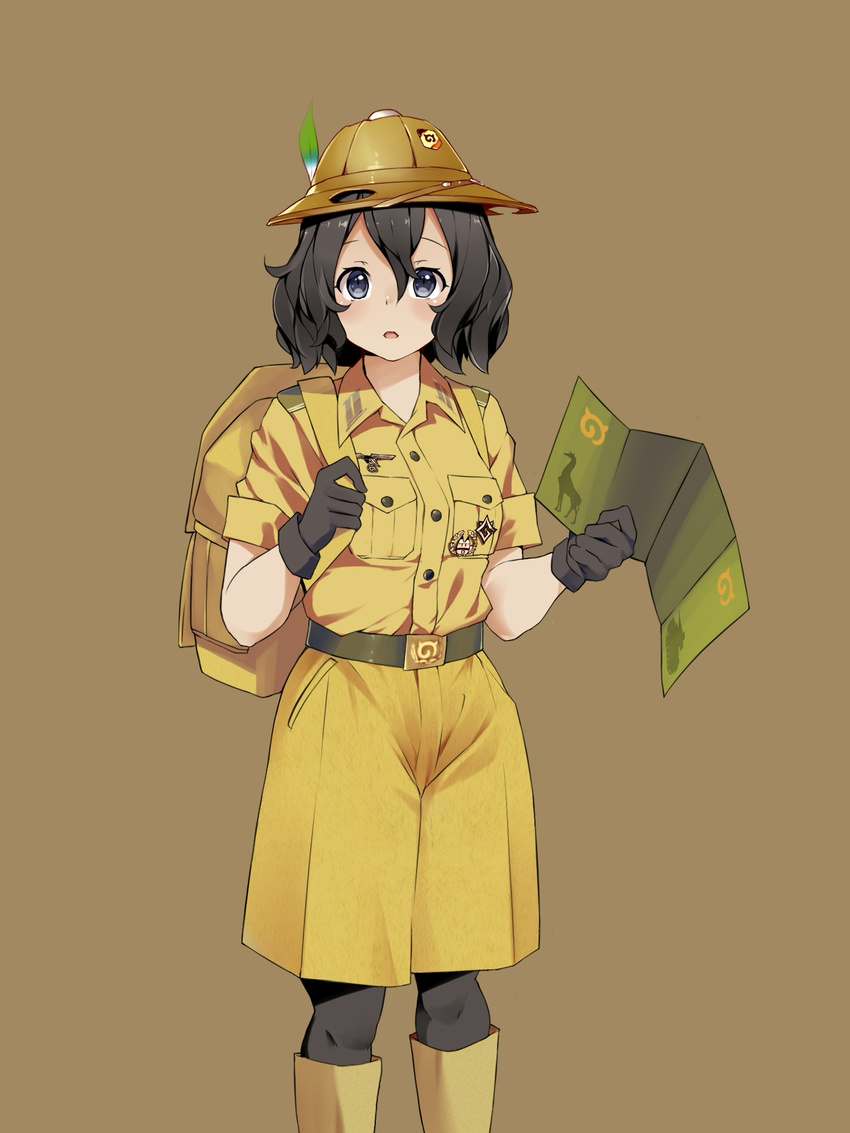 backpack bag black_eyes black_gloves black_hair black_legwear blush bonkiru feathers gloves hat hat_feather helmet highres japari_symbol kaban_(kemono_friends) kemono_friends looking_at_viewer open_mouth pantyhose pith_helmet short_hair solo wavy_hair