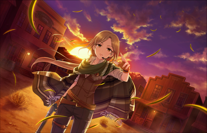 arm_up artist_request bandolier bangs barrel belt brown_hair brown_vest buckle building bullet buttons closed_mouth cloud cloudy_sky collarbone collared_shirt dusk dutch_angle eyebrows_visible_through_hair eyelashes fingerless_gloves fringe_trim glint gloves grass ground gun headset holding holding_gun holding_weapon horizon idolmaster idolmaster_cinderella_girls idolmaster_cinderella_girls_starlight_stage ijuuin_megumi lantern lips long_hair long_sleeves looking_at_viewer mountain mountainous_horizon official_art pants parted_bangs pocket purple_sky reaching_out shirt sky sleeves_pushed_up sleeves_rolled_up solo standing sun sunlight sunset tassel thigh_gap thigh_strap unbuttoned unbuttoned_shirt very_long_hair vest weapon western white_shirt wind wind_lift wing_collar wooden_box yellow_eyes