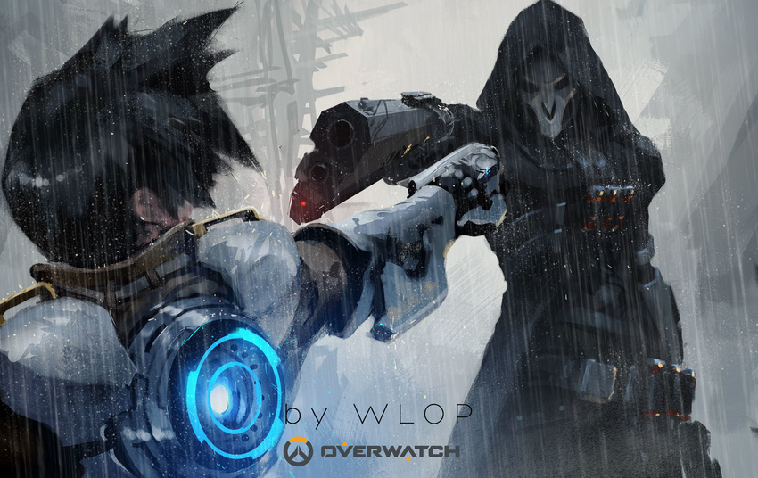 1girl aiming arm_at_side arm_guards armor artist_name belt black_gloves black_hair cloak commentary copyright_name gloves glowing grey_background gun harness holding holding_gun holding_weapon hood hood_up hooded_cloak mask mexican_standoff outstretched_arm overwatch rain reaper_(overwatch) short_hair shoulder_pads tracer_(overwatch) upper_body weapon wlop
