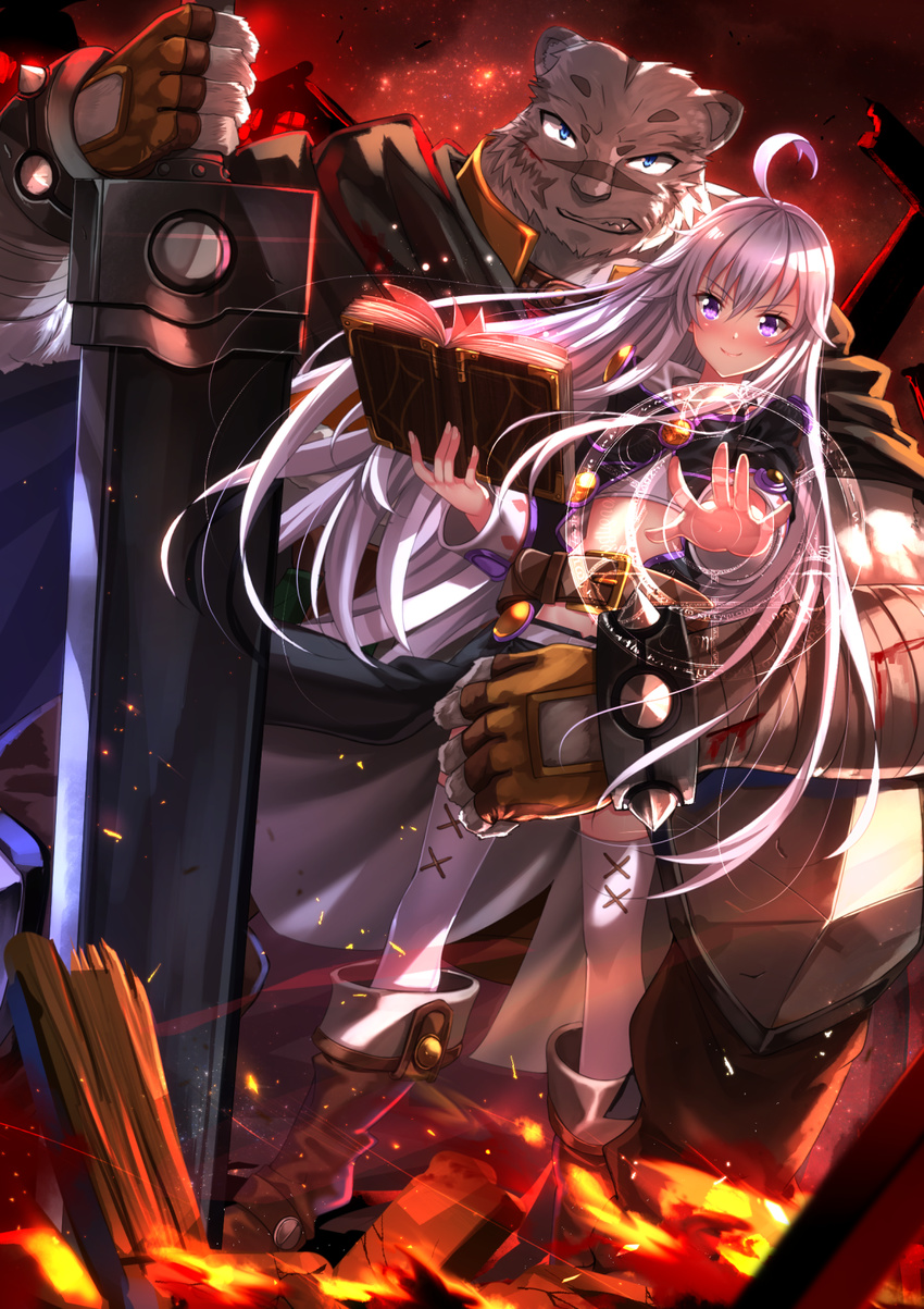 1girl ahoge bandages belt blue_eyes book boots cape commentary_request gloves greatsword highres long_hair looking_at_viewer magic_circle mercenary_(zero_kara_hajimeru_mahou_no_sho) navel purple_eyes scar swordsouls thighhighs tiger white_hair white_tiger zero_(zero_kara_hajimeru_mahou_no_sho) zero_kara_hajimeru_mahou_no_sho