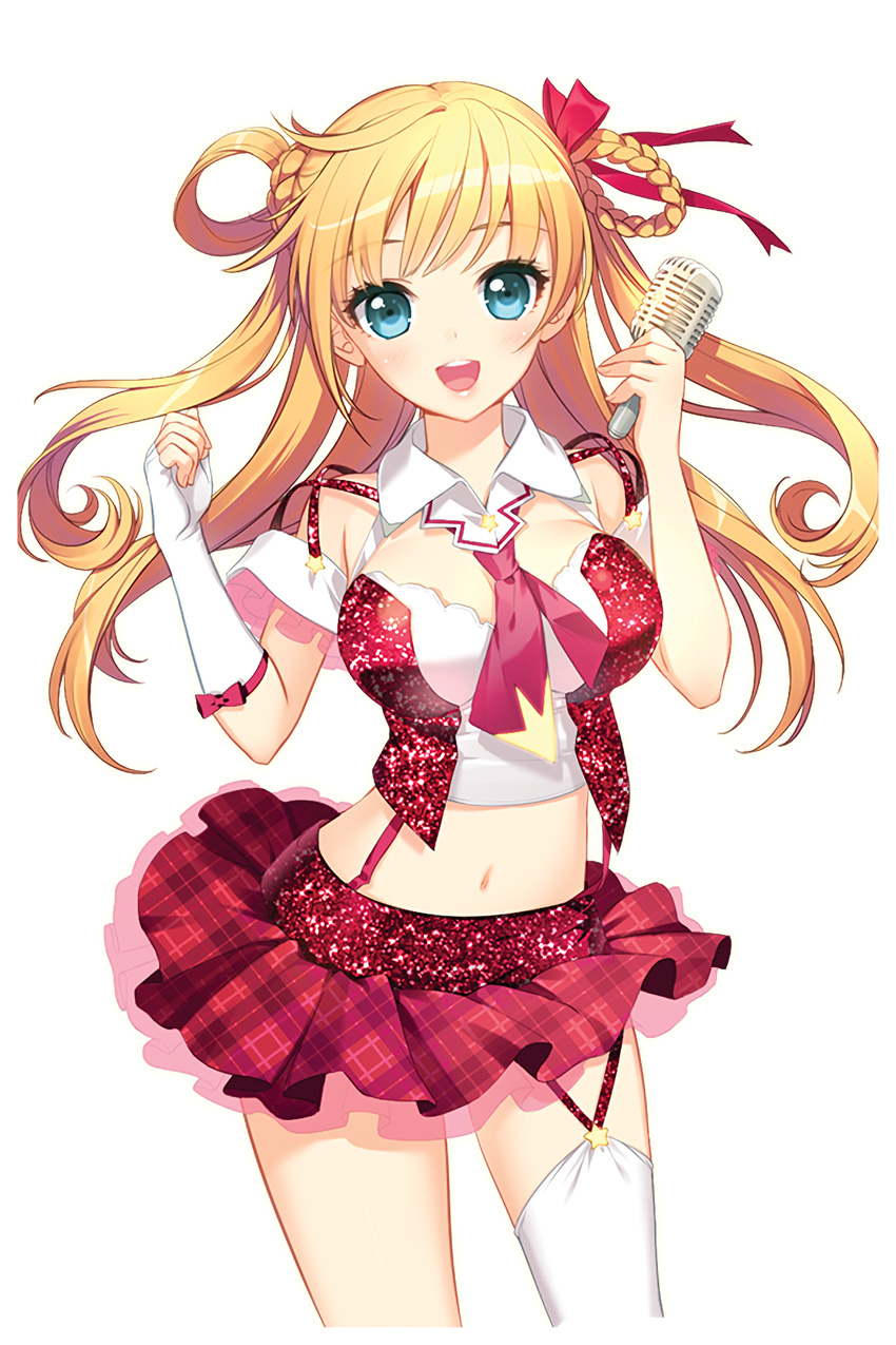 :d blonde_hair blue_eyes braid elbow_gloves fingerless_gloves garter_straps glitter gloves hair_rings highres holding holding_microphone long_hair looking_at_viewer lucy_(soccer_spirits) microphone midriff navel official_art open_mouth pink_skirt plaid plaid_skirt shirahane_nao single_glove single_thighhigh skirt smile soccer_spirits solo standing thighhighs transparent_background white_legwear