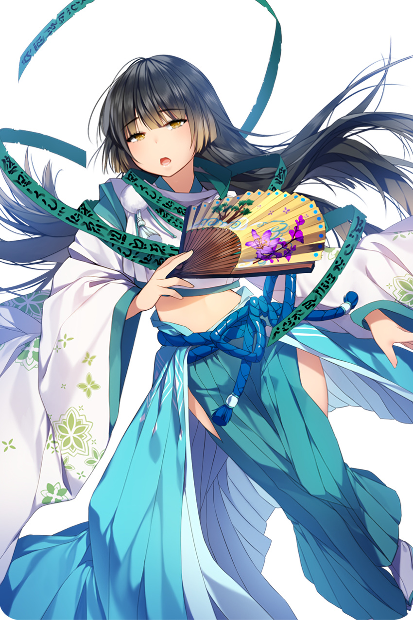:o apron bangs black_hair blue_ribbon blunt_bangs clothes_writing dutch_angle expressionless eyebrows_visible_through_hair fan floral_print folding_fan geta gradient_hair highres hip_vent hips holding holding_fan japanese_clothes long_hair long_sleeves looking_at_viewer maboroshi_(soccer_spirits) midriff multicolored_hair open_mouth paper_fan pom_pom_(clothes) ribbon sandals soccer_spirits solo standing sukja tabi tassel transparent_background very_long_hair waist_apron white_legwear wide_sleeves yellow_eyes