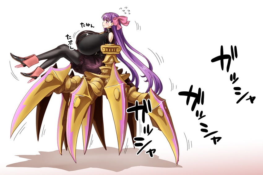 bare_shoulders black_legwear breasts claws fate/extra fate/extra_ccc fate/grand_order fate_(series) gigantic_breasts hair_ribbon high_heels highres itou_yuuji long_hair pantyhose passion_lip purple_hair ribbon shade solo translation_request very_long_hair