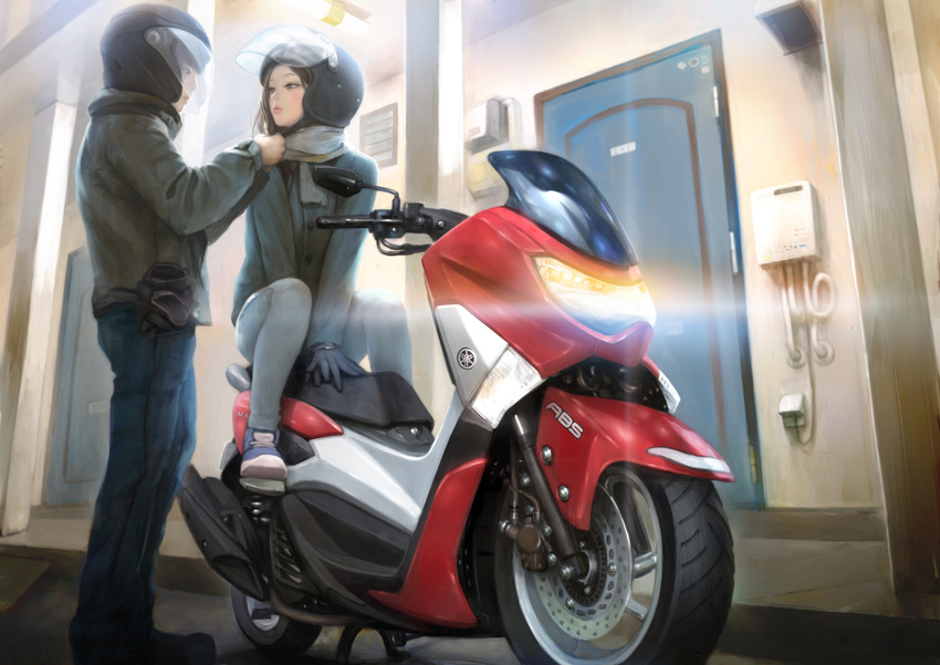 1girl absurdres adjusting_scarf apartment black_gloves blue_pants brown_jacket buttons closed_mouth commentary_request couple denim door dressing_another eye_contact gloves grey_scarf ground_vehicle helmet hetero highres jacket jeans lips long_sleeves looking_at_another mobi_motorcycle motor_vehicle motorcycle_helmet mujiha nose outdoors pants scarf scooter shoes short_hair sneakers v_arms yamaha