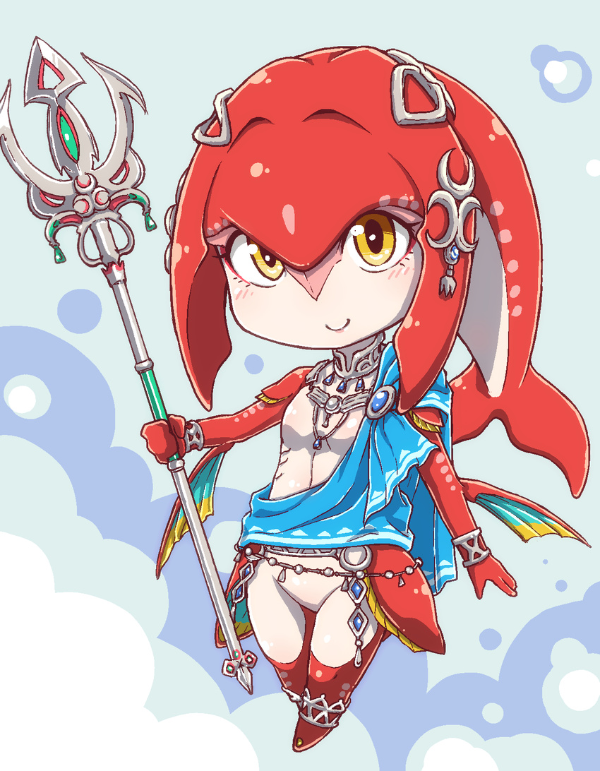 belly_chain blush bracelet breasts chibi closed_mouth crescent diamond_(shape) eyelashes fins fish_girl full_body gem gills headpiece highres holding holding_weapon jewelry mipha multicolored multicolored_skin nazonazo_(nazonazot) necklace no_eyebrows no_nipples no_pussy polearm red_skin silver_trim single_bare_shoulder small_breasts smile solo the_legend_of_zelda the_legend_of_zelda:_breath_of_the_wild trident two-tone_skin weapon white_skin yellow_eyes zora